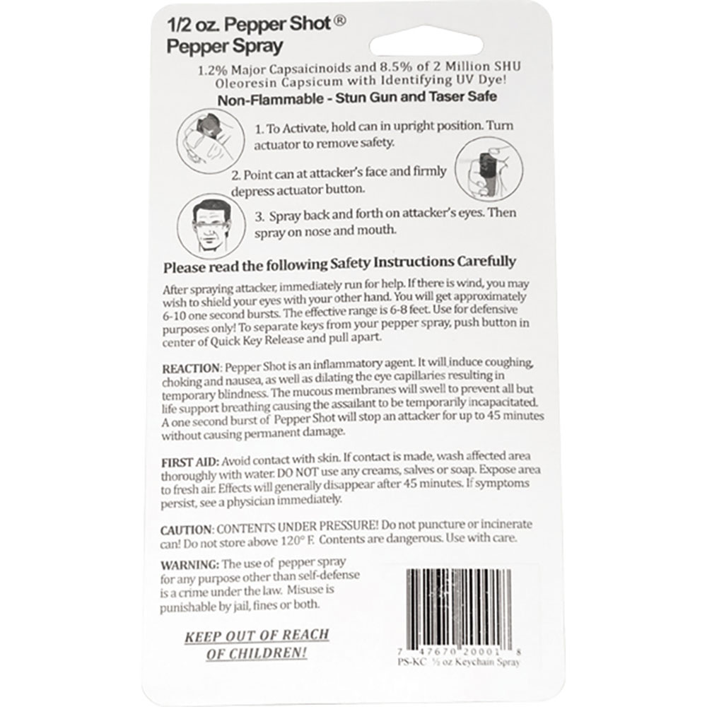 Pepper Shot 1.2% MC  1/2 oz  pepper spray belt clip and quick release keychain view 2